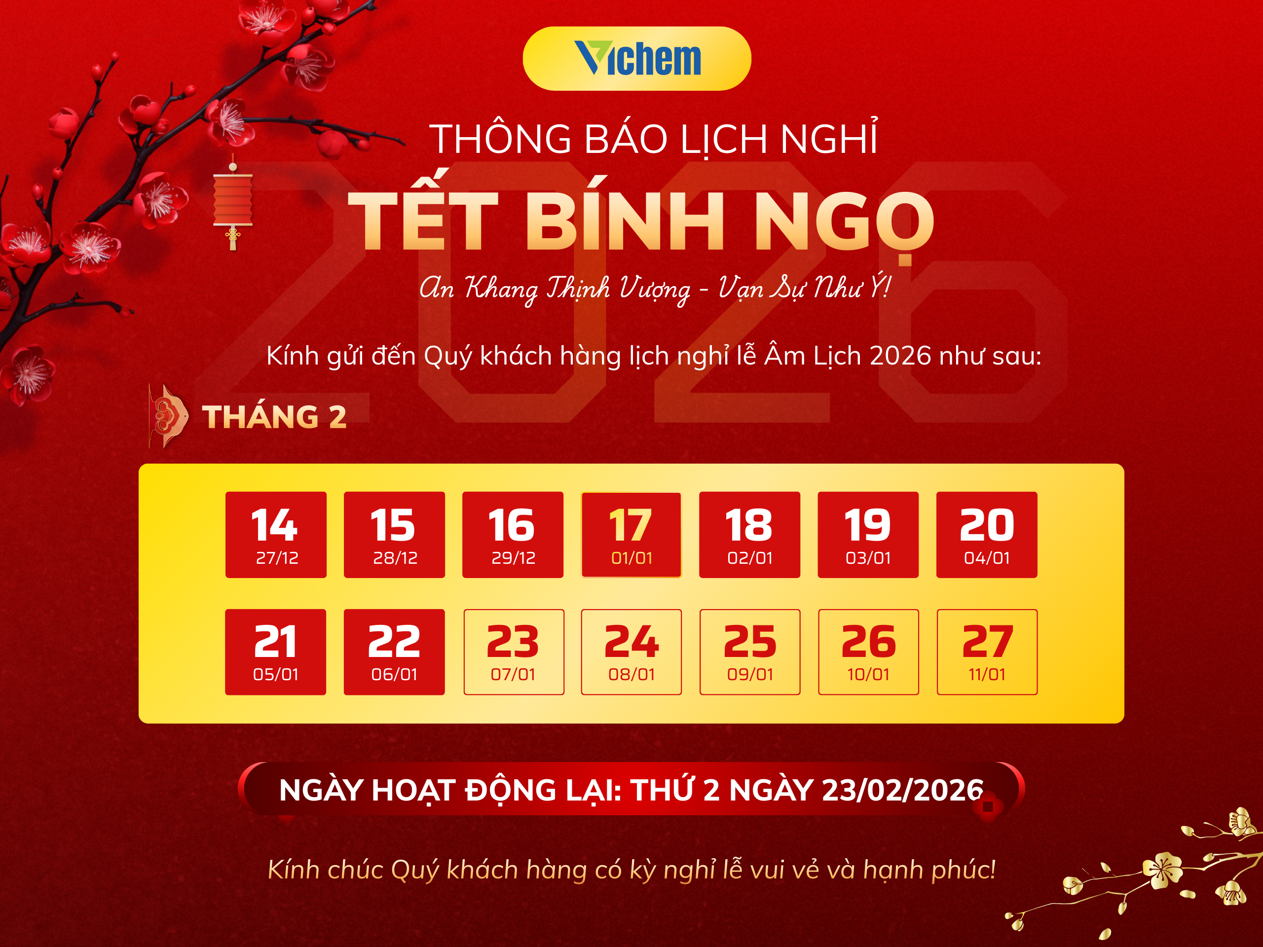 Thông báo Lịch Nghỉ tết 2026 - Vichem.vn