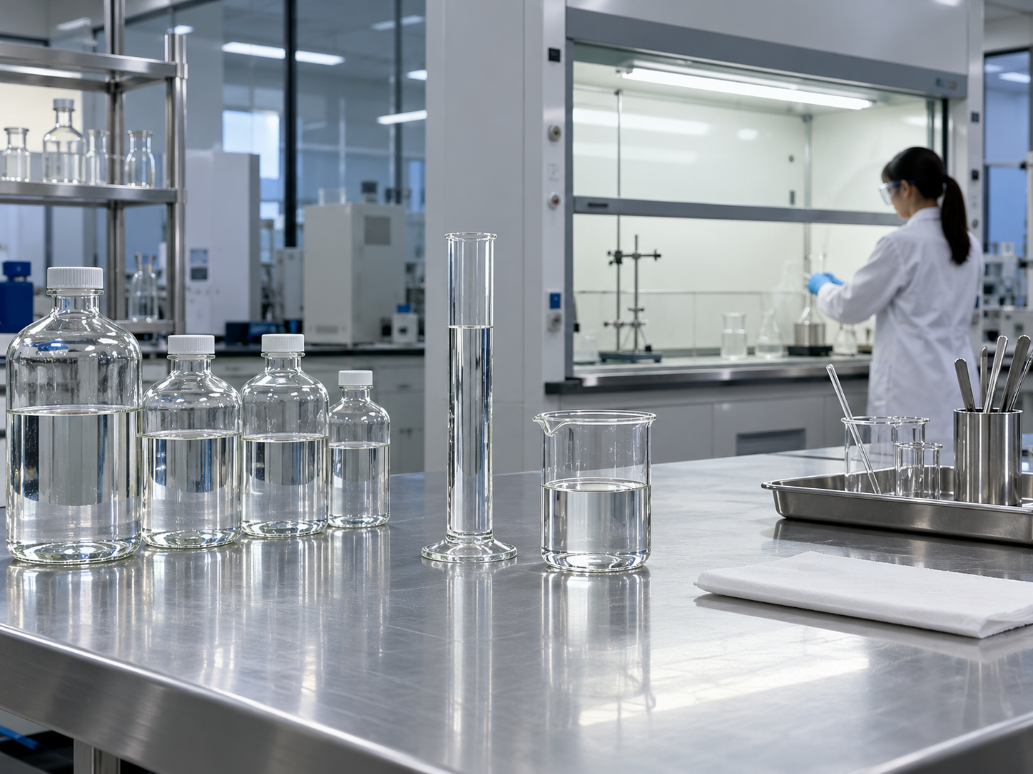 lab-solvent-blending-bench-graduated-cylinder-glass-beaker-solvent-bottles