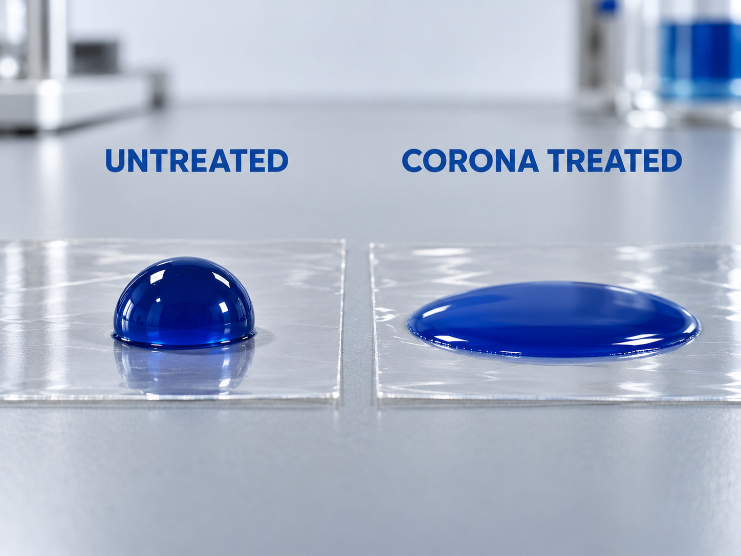 two-ink-drops-on-bopp-film-untreated-drop-beads-up-corona-treated-drop-spreads