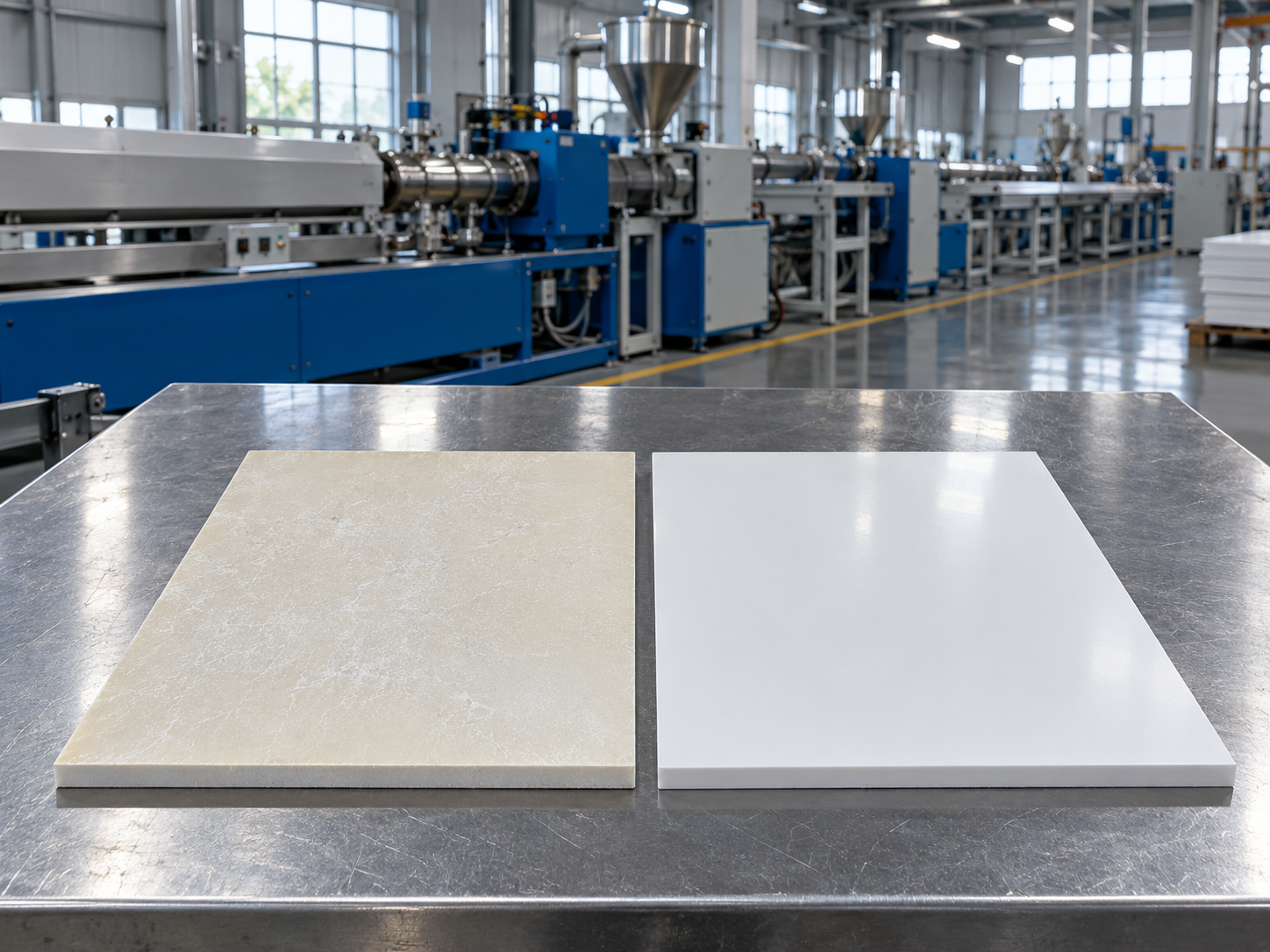 two-pvc-panels-side-by-side-one-chalked-and-yellowed-one-still-good-on-extruder-sample-table