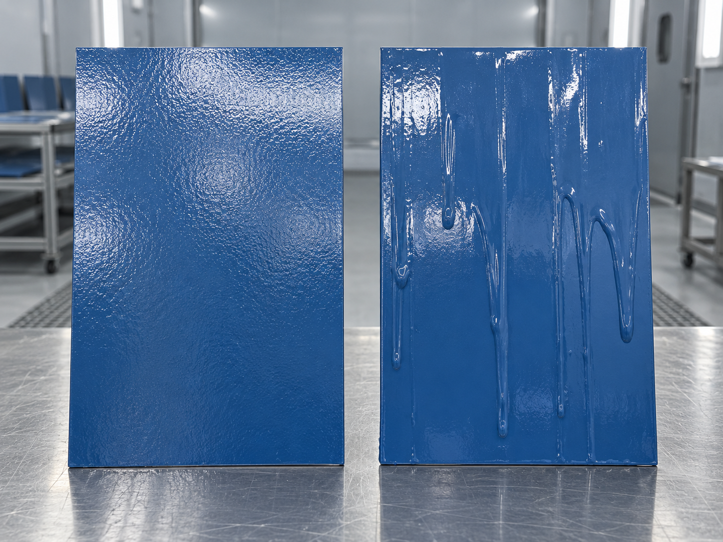 two-painted-steel-panels-with-orange-peel-blushing-and-sagging
